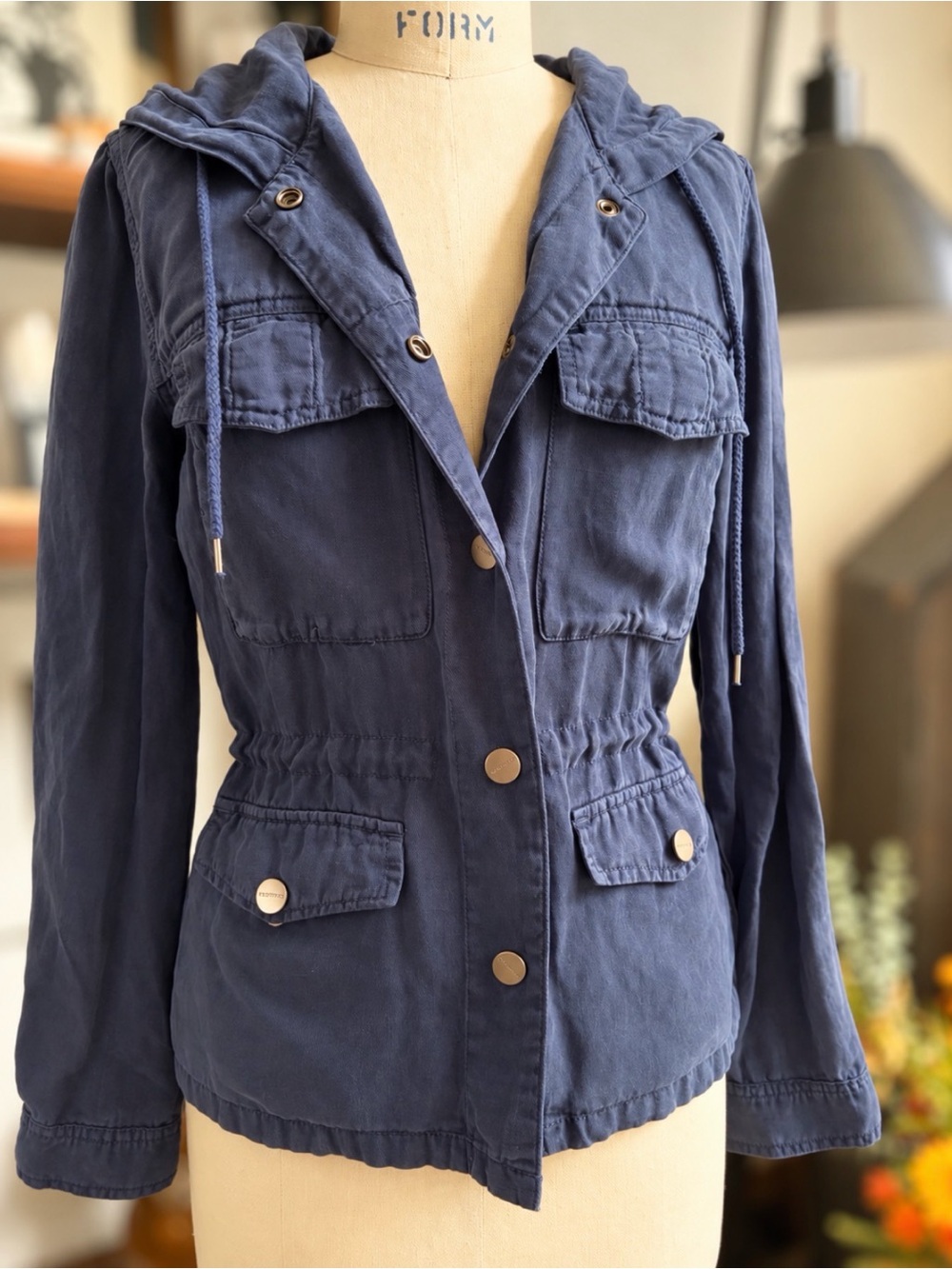 Sanctuary Unity Hooded Utility Jacket Navy Linen Lyocell Drawstring Waist Small